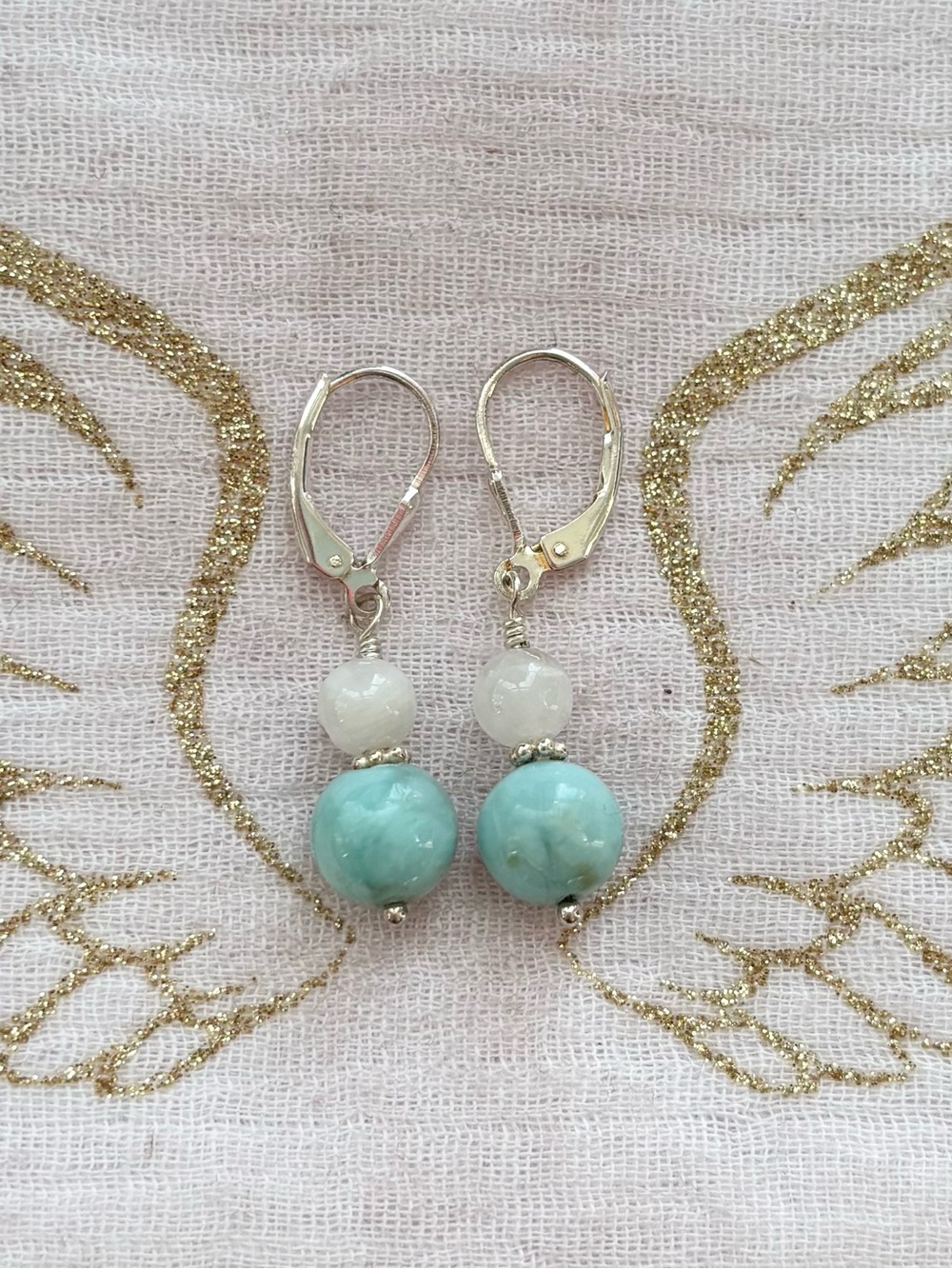 Sterling Silver Larimar and Moonstone Bead Drop Earrings